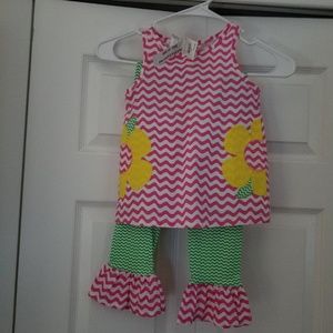 Girls Flower Applq Wave/Stripe Legging Set
